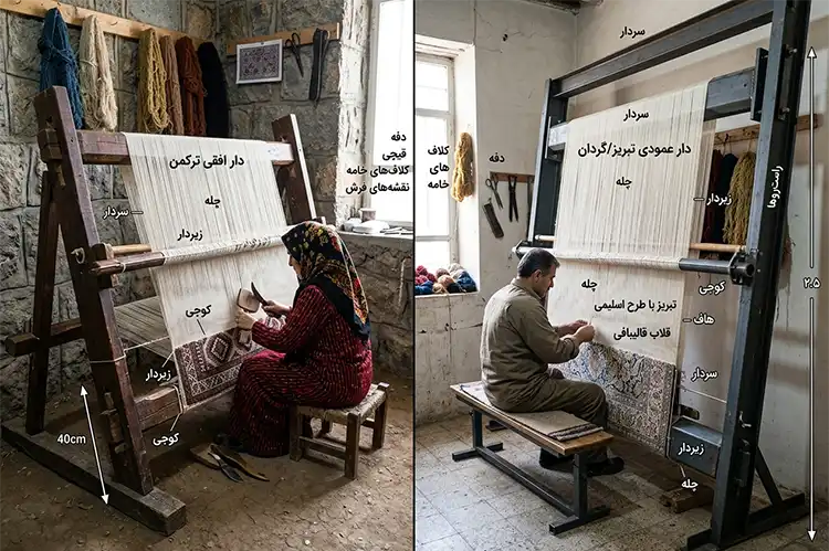 مقایسه تصویری دار قالی افقی چوبی و دار قالی عمودی فلزی در کارگاه همراه با معرفی تخصصی اجزای دار فرش
